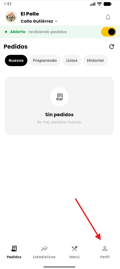 Paso 1: pantalla de Pedidos de Ruppit Local con la pestaña Perfil en la barra inferior