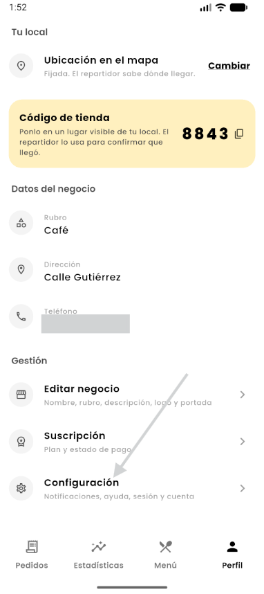 Paso 2: sección Gestión del perfil con la opción Configuración