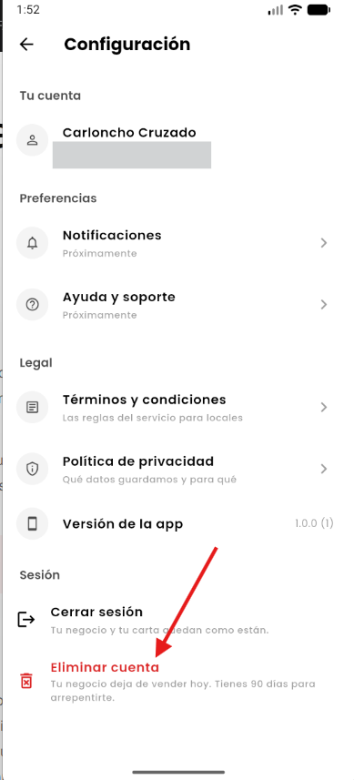 Paso 3: pantalla de Configuración con la opción Eliminar cuenta en la sección Sesión