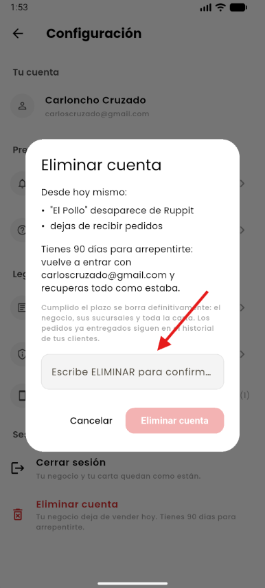 Paso 4: ventana de confirmación con el resumen de la eliminación y el campo para escribir ELIMINAR