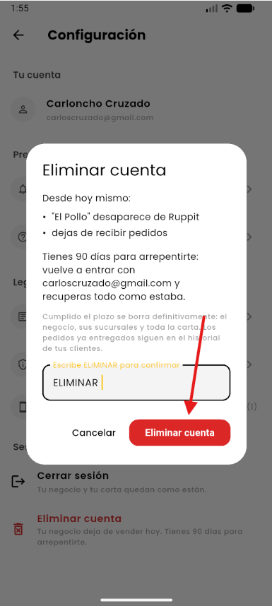 Paso 5: la palabra ELIMINAR escrita en el campo y el botón rojo Eliminar cuenta activado